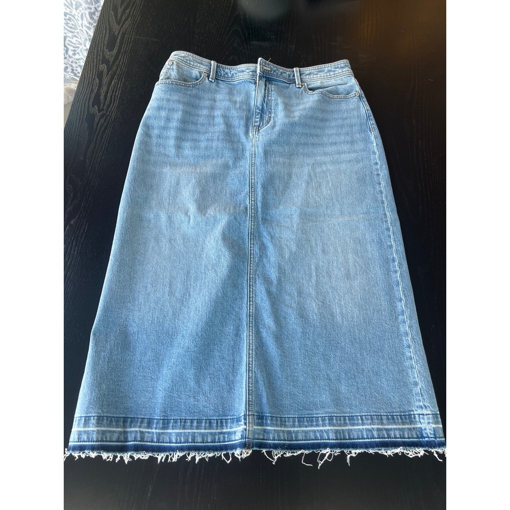 Talbots Denim Midi Skirt Light Wash Raw Hem Fringed Back Vent Womens Size 12